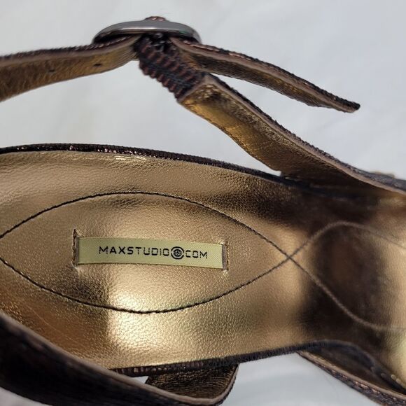 MAX STUDIO heels metallic bronze brown square toe fabric and leather slingback 8 - Picture 8 of 12